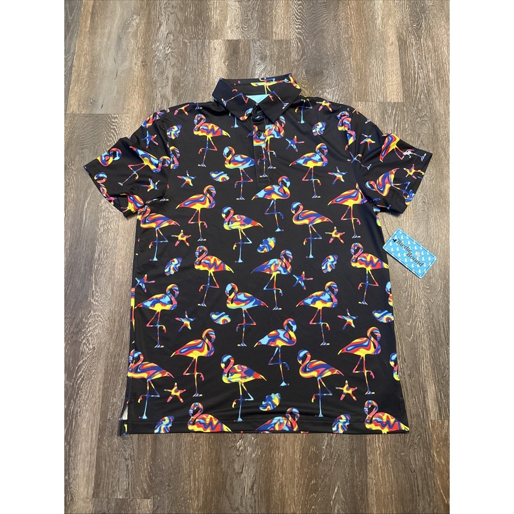 Birdie Bound Polo Shirt Mens Small Flamingo Print Golf Performance Stretch NWT